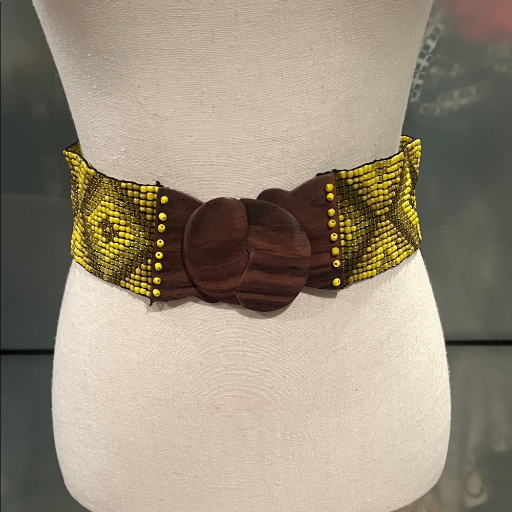 Anthropologie Yellow Beaded Belt with Wooden Buckle